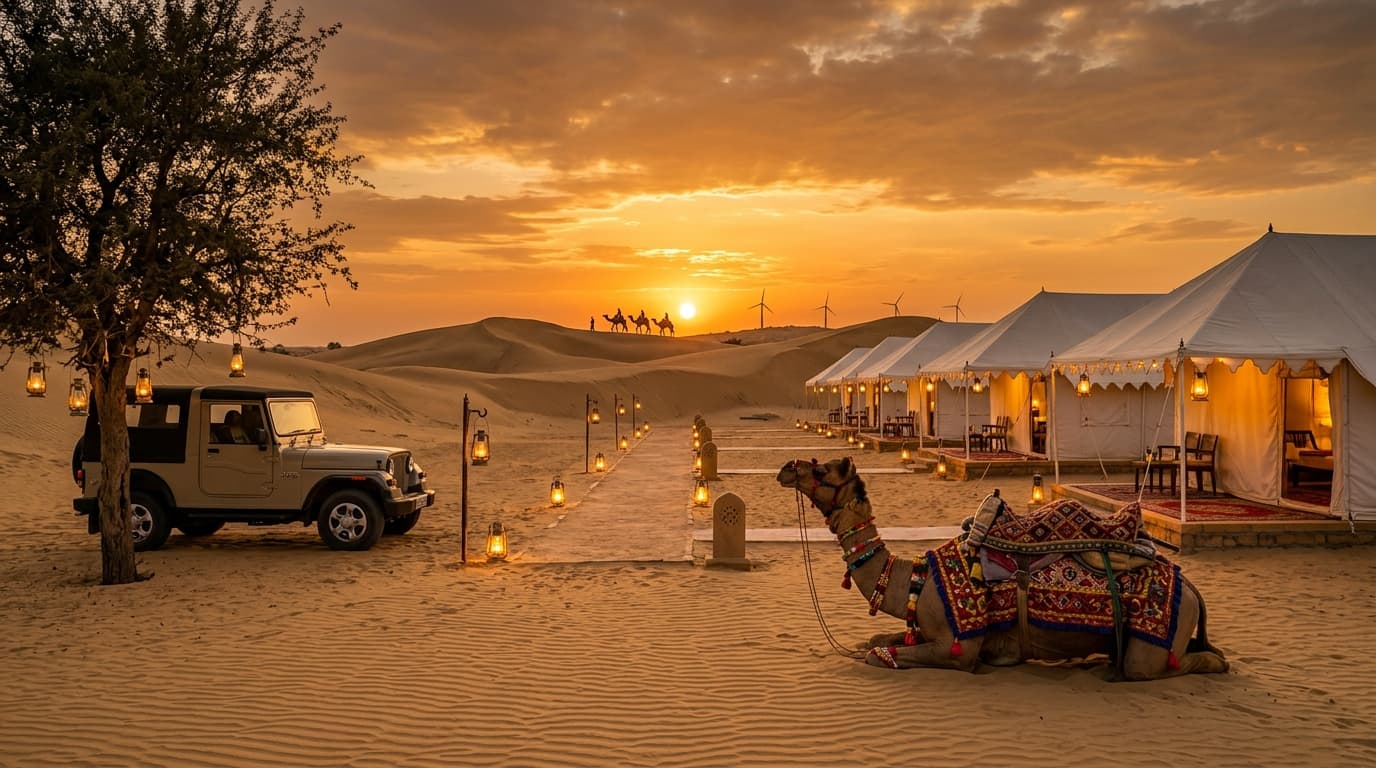 Golden sand dunes of the Thar Desert stretching to the horizon near Sam Sand Dunes, Jaisalmer